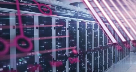 Animation of graphs, globe and computer language over bars on data server racks Stock Footage 330776511