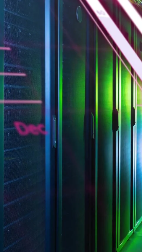 Animation of graphs, globe and computer language over data server room Stock Footage 343614720