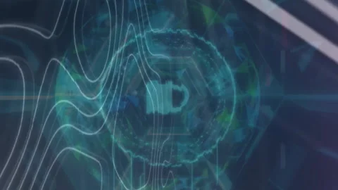 Animation of graphs, globe and padlock in circles on circular pattern against Stock Footage 312977824