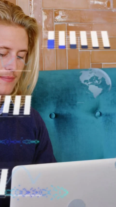 Animation of graphs, globes and computer language, caucasian man working on Stock Footage 320811598