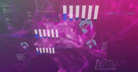 Animation of graphs, globes and computer language over globe against abstract Stock Footage 328413136