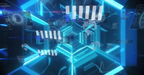 Animation of graphs, globes and computer language over hexagons tunnel against Stock Footage 328457702
