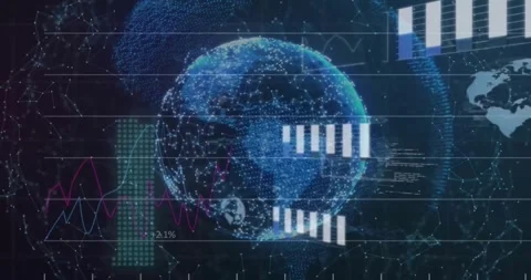 Animation of graphs, globes and computer language over connected dots forming Stock Footage 328520569