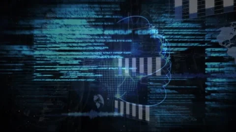 Animation of graphs, globes and computer language over abstract pattern against Stock Footage 330344695