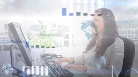 Animation of graphs, globes and computer language over caucasian woman working Stock Footage 330479154
