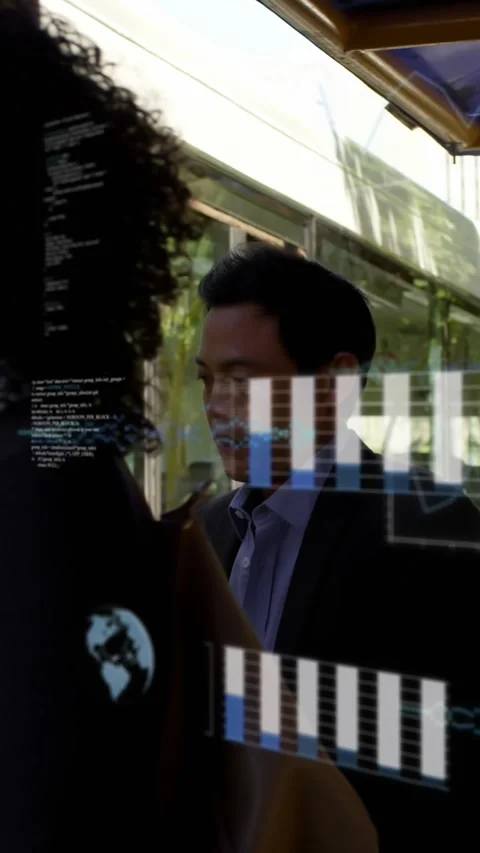 Animation of graphs, globes and computer language, diverse friends talking at Stock Footage 341659687
