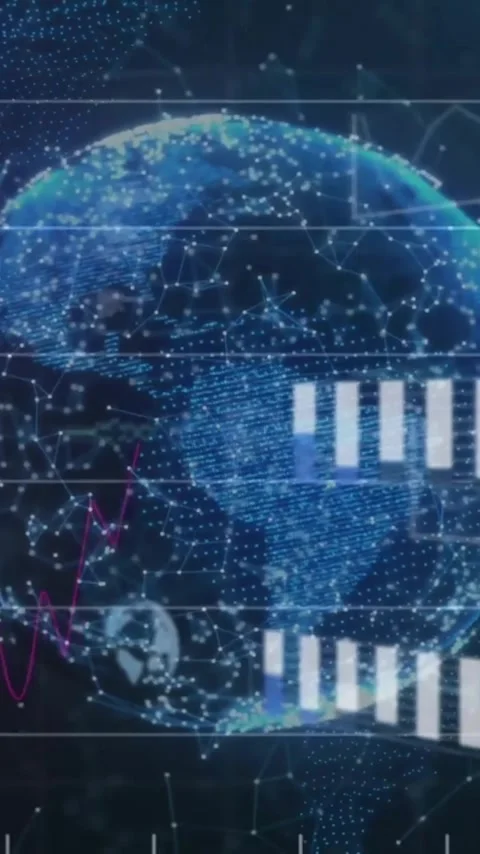 Animation of graphs, globes and computer language over connected dots forming Video stock 343718832