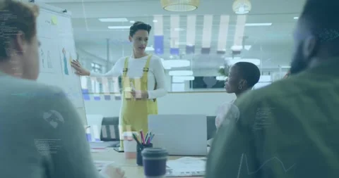 Animation of graphs, globes, computer language, diverse female explaining cloth Stock Footage 249794808