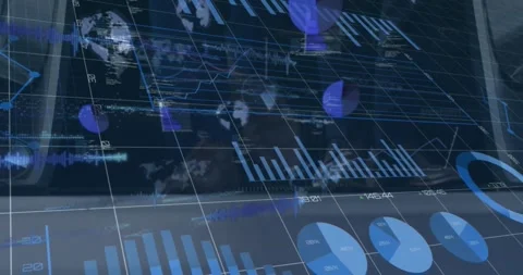 Animation of graphs, globes, computer language, low section of people getting Video stock 330475675