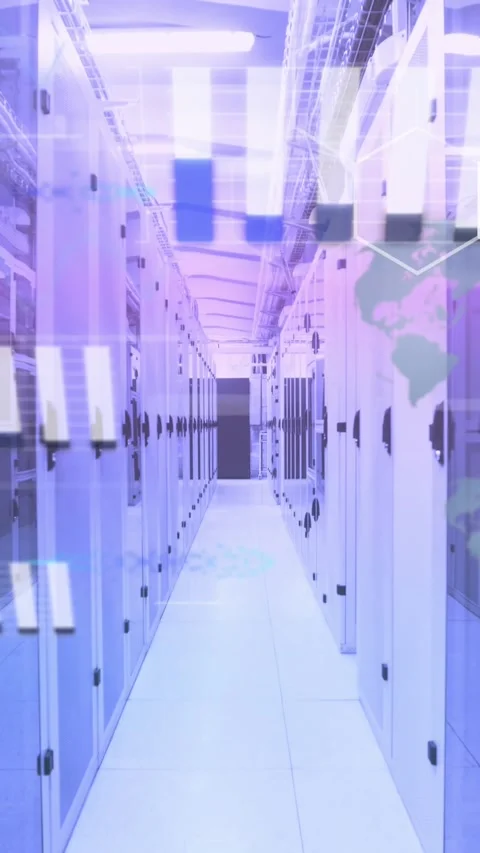 Animation of graphs, globes, hexagons, computer language over server room Stock Footage 320983332
