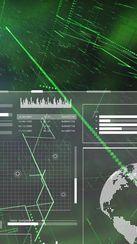 Animation of graphs, globes, loading bars and circles with lens flare over Stock Footage 343718917