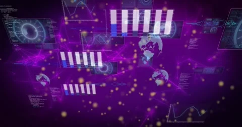 Animation of graphs, globes, radars, computer language over connected dots Stock Footage 328934738