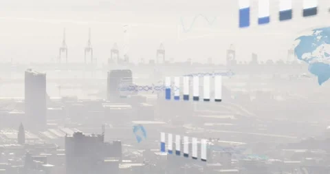 Animation of graphs, globes, soundwaves and computer language over fog covered Stock Footage 325964747