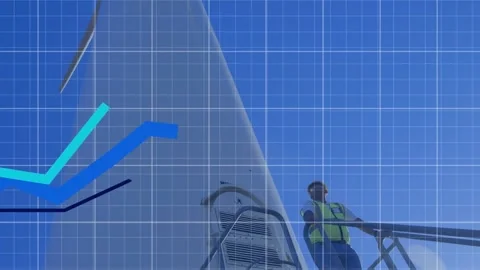 Animation of graphs, grid pattern, caucasian male engineer standing on windmill 库存影片 233649449