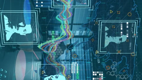 Animation of graphs, icons, world map and user photos in digital office Stockbeeldmateriaal 312726343