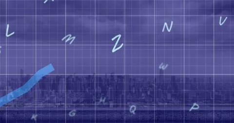Animation of graphs with letter and grid pattern over modern cityscape against Stock Footage 326409199