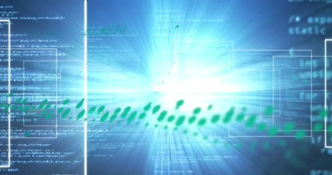 Animation of graphs, lights, data processing on blue background Stock Footage 328641259