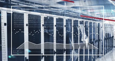 Animation of graphs, lines and computer language in rectangle over server room Stock Footage 329427840