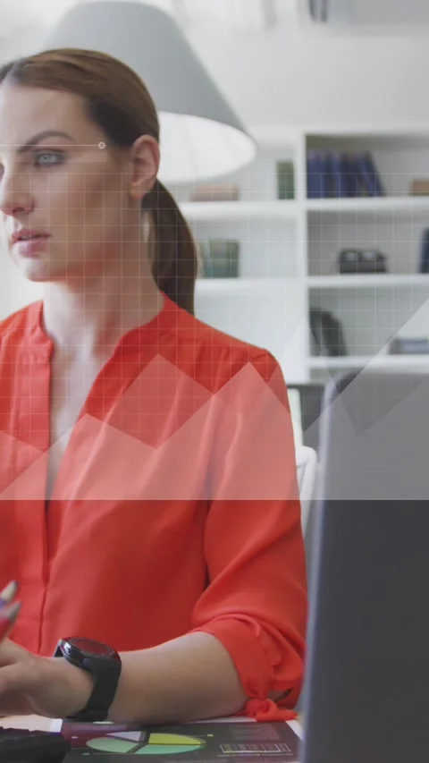 Animation of graphs, loading bar, map over caucasian woman working on desktop in Stock Footage 344636450