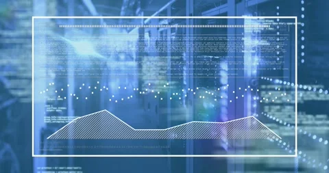 Animation of graphs, loading bars and computer language over data server room Stock Footage 250952504