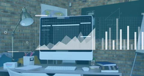 Animation of graphs, loading bars and map over programming language in computer Stock Footage 330248491