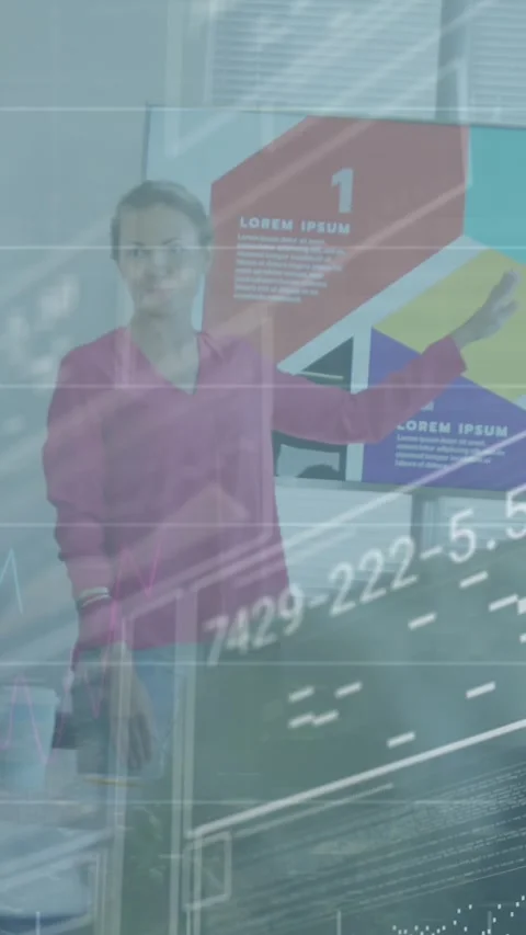 Animation of graphs, loading bars and circles, diverse manager explaining Stock Footage 344614422