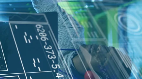 Animation of graphs, loading bars, circles, african american man checking server Video stock 313308716