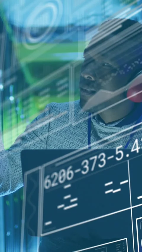 Animation of graphs, loading bars, circles, african american man checking server Video stock 320983108