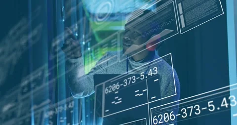 Animation of graphs, loading bars, circles, african american man checking server Video stock 326100802