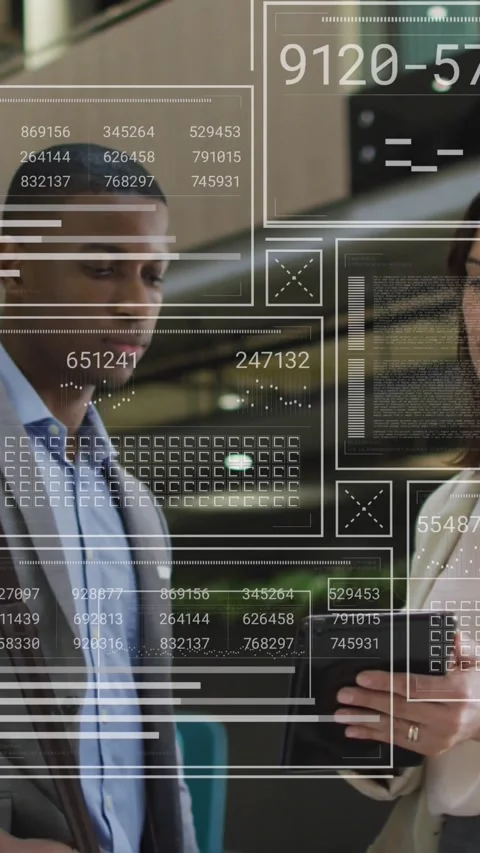 Animation of graphs, loading bars, circles, diverse coworkers discussing reports Stock Footage 344774970