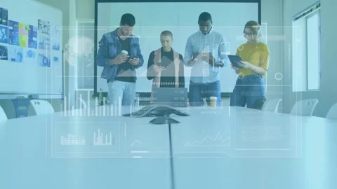 Animation of graphs, loading bars, globe over diverse coworkers using cellphone Stock Footage 329989236
