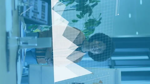 Animation of graphs, loading bars, map, diverse woman explaining strategy to Stock Footage 312943585