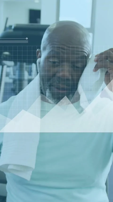 Animation of graphs, loading bars, map, tired african american man wiping head Stock Footage 341659726
