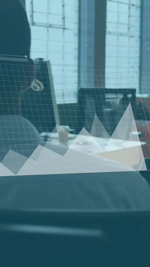 Animation of graphs, loading bars over rear view of man picking up call on Stock Footage 344766213