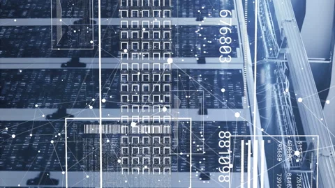 Animation of graphs, loading bars, squares, connected dots over binary codes on Stock Footage 312509834