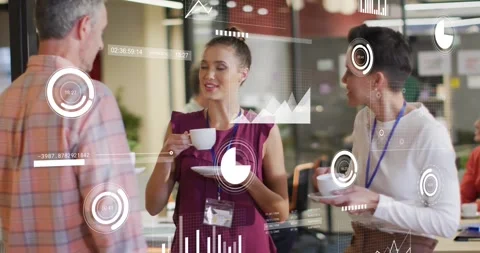 Animation of graphs, loading circle and bars over diverse coworkers discussing Stock Footage 330058824