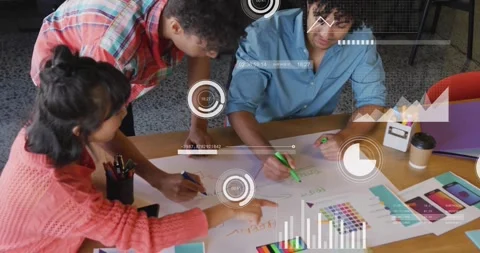 Animation of graphs, loading circles and bars, diverse coworkers drawing on Stock Footage 257175436