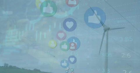 Animation of graphs, loading circles and icon in circles over windmill against Stock Footage 326103602
