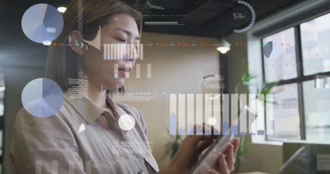 Animation of graphs, loading circles and trading board, asian woman scrolling on Stock Footage 326765127