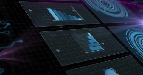 Animation of graphs, loading circles and circuit board pattern over black Stock Footage 328520600