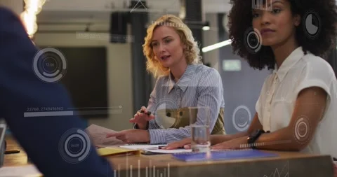 Animation of graphs, loading circles and bars over diverse coworkers sharing Stock Footage 328823590