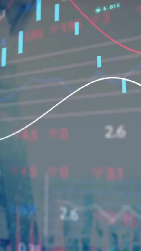 Animation of graphs, loading circles and trading board over modern buildings Stock Footage 343718828