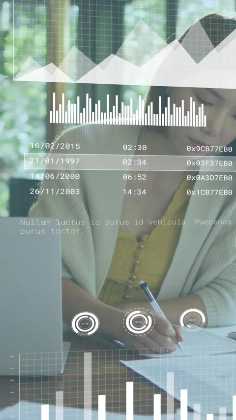 Animation of graphs with loading circles and bars, asian woman analyzing reports Stock Footage 344557680