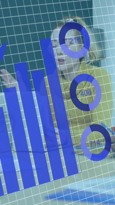 Animation of graphs, loading circles and changing numbers, diverse coworkers Stock Footage 344746027