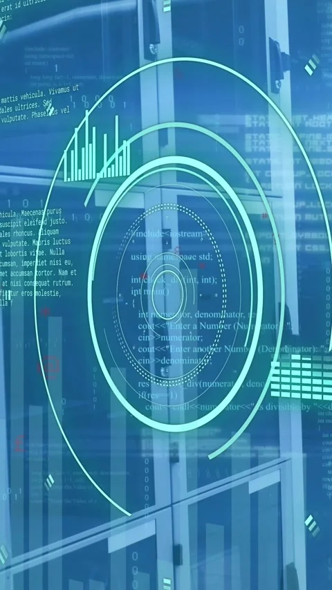 Animation of graphs, loading circles and computer language over data server room Stock Footage 344746048