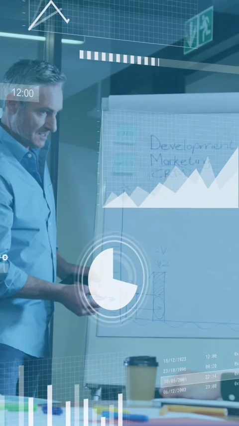 Animation of graphs with loading circles and bars, diverse manager explaining Stock Footage 344783648
