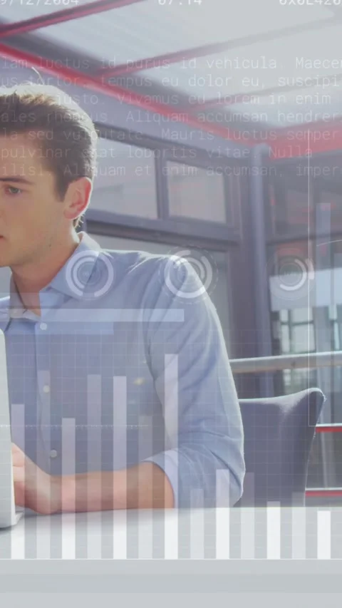 Animation of graphs, loading circles and bars, caucasian coworkers sharing ideas Stock Footage 344803300