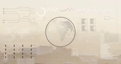Animation of graphs, loading circles, bars, globe in circle against aerial view Stock Footage 330732600