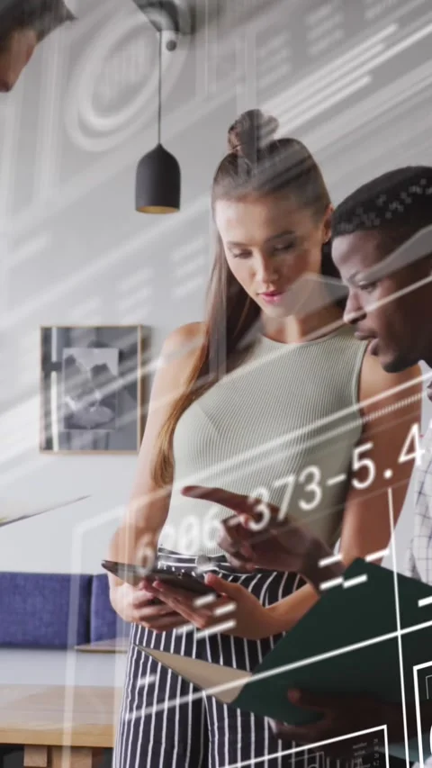 Animation of graphs, loading circles, bars, changing numbers, diverse coworkers Stock Footage 344693589