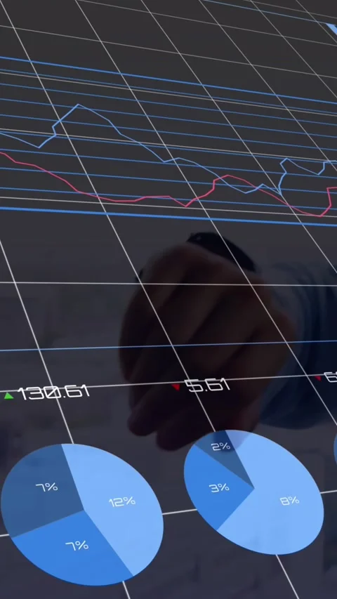 Animation of graphs, loading circles, changing numbers, caucasian man looking at Stock Footage 344766184